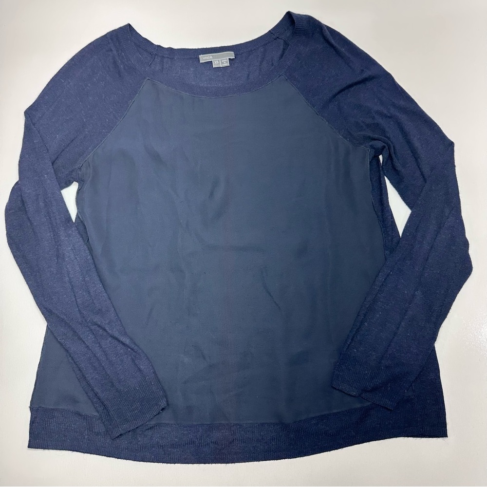 Vince Silk Crew Neck Long Sleeve Tee/Blouse Midnight Blue Size XSmall